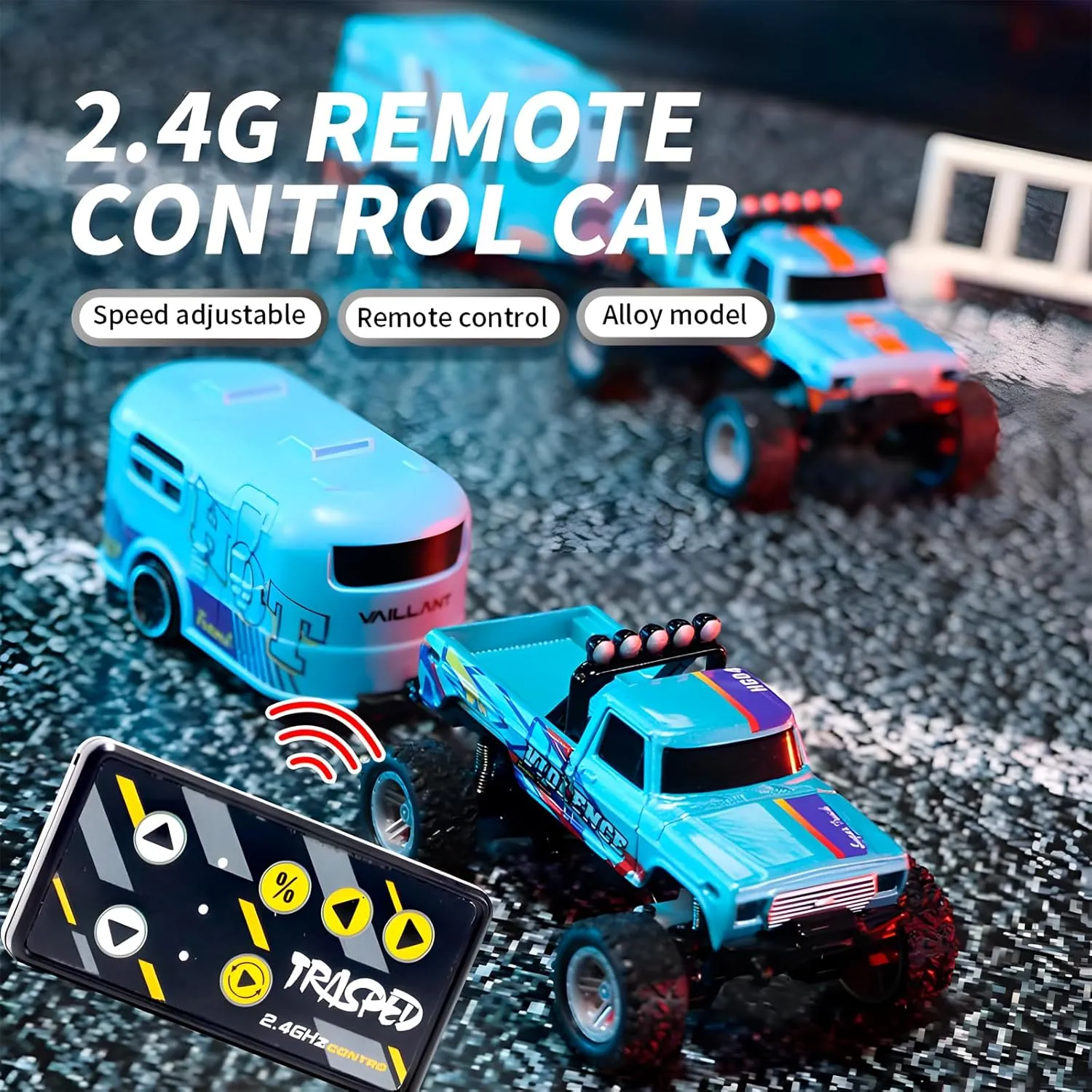 Mini Monster Truck, 1:64 Scale Remote Control Car with Lights, 2.4GHz Off-Road RC Truck, USB Rechargeable RC Car with Adjustable Speed for Kids Indoor & Outdoor Racing (Blue)