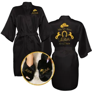 Mis Quince Charro Robes with Slippers Set, Mis XV Anos Slippers, Pretty Quinceanera Robes, Quinceanera Gifts, Birthday Robe, Satin Quince Robe and Slippers Set