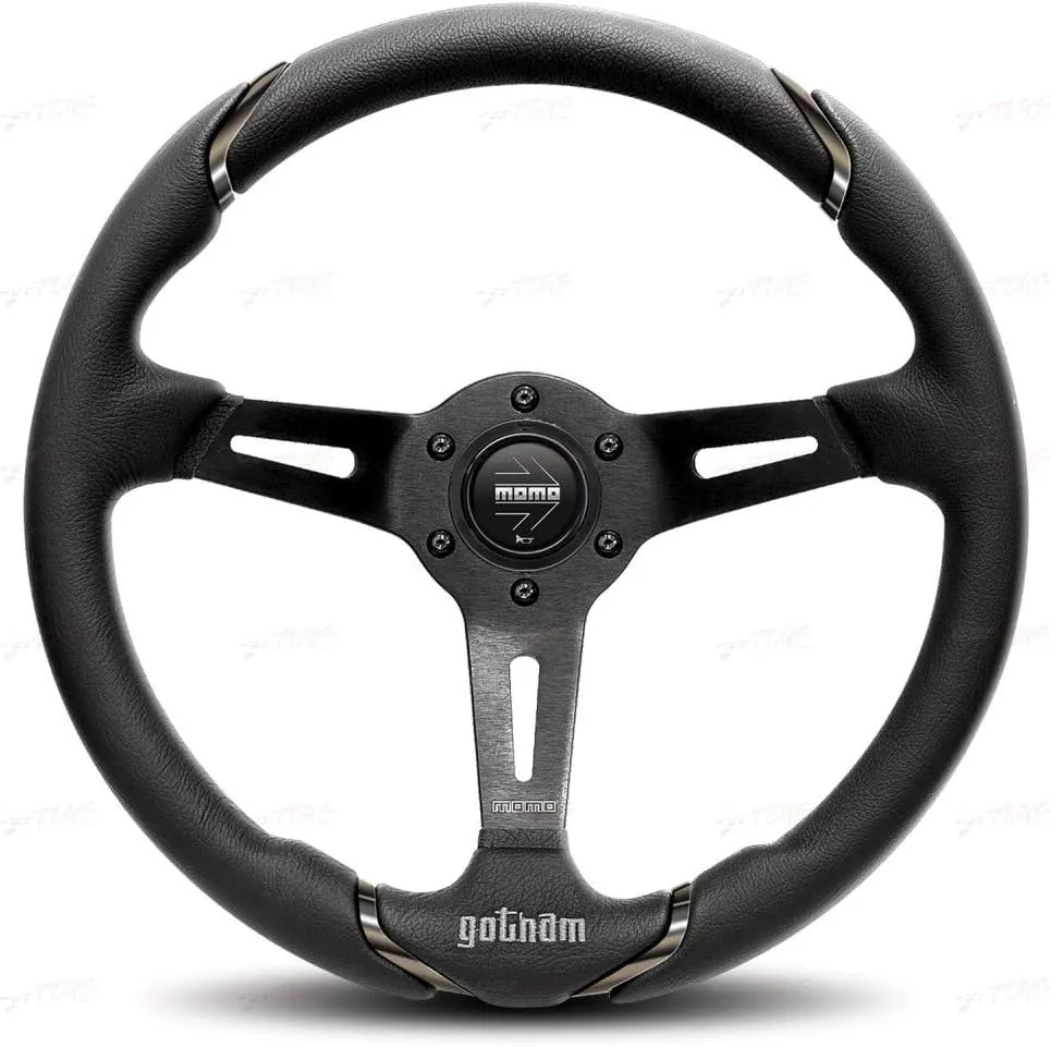 MOMO Motorsport Gotham Street Steering Wheel | 350mm Diameter | 100% Genuine Italian Leather Grip | Lightweight Brushed Black Anodized Aluminum Spoke | Universal 6-Bolt Mounting Pattern