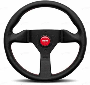 MOMO Motorsport Montecarlo Street Steering Wheel, Black Leather Grip, Brushed Black Anodized Spoke, Red Stitch, 320mm