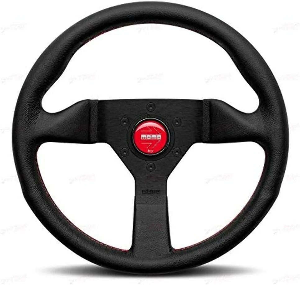 MOMO Motorsport Montecarlo Street Steering Wheel, Black Leather Grip, Brushed Black Anodized Spoke, Red Stitch, 320mm