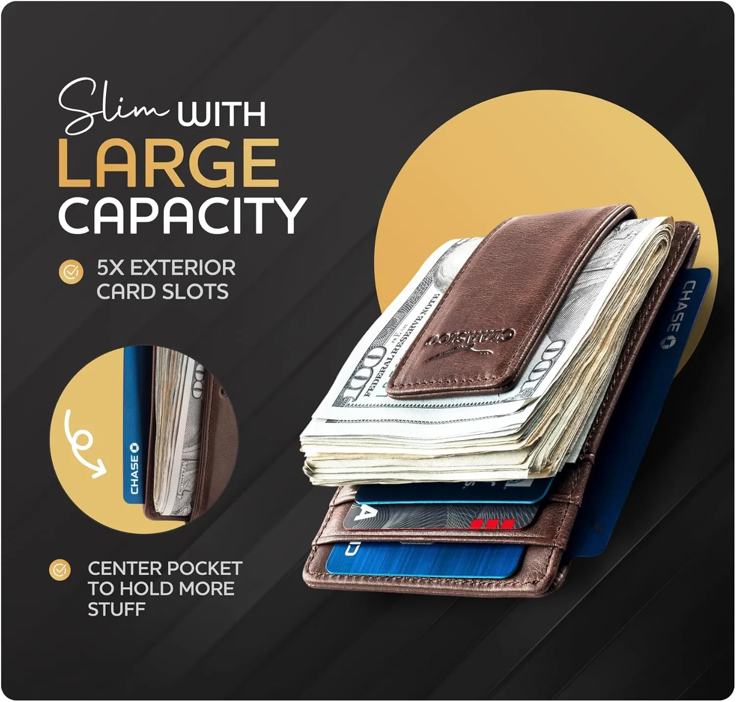 Money Clip Leather Wallet For Men Slim Front Pocket RFID Blocking with Super Strong Magnetic