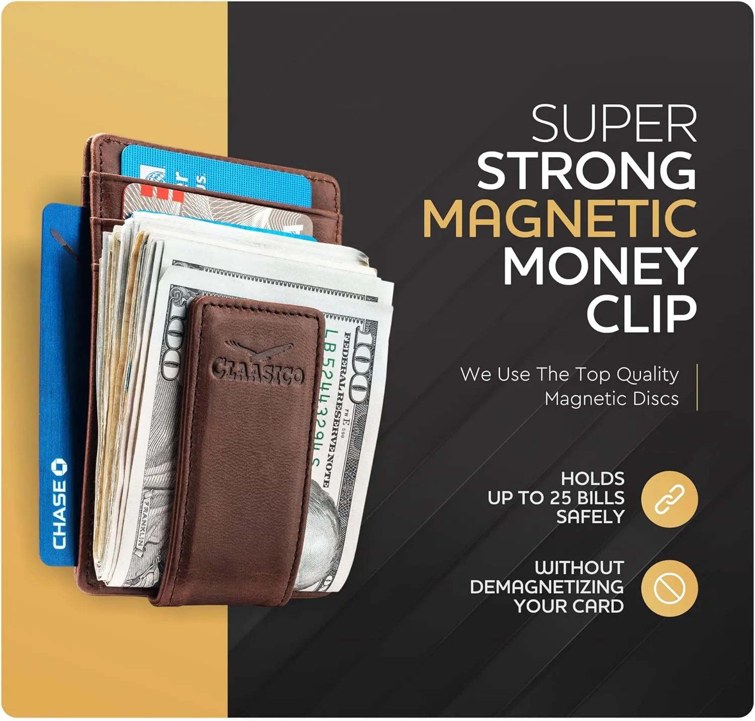 Money Clip Leather Wallet For Men Slim Front Pocket RFID Blocking with Super Strong Magnetic
