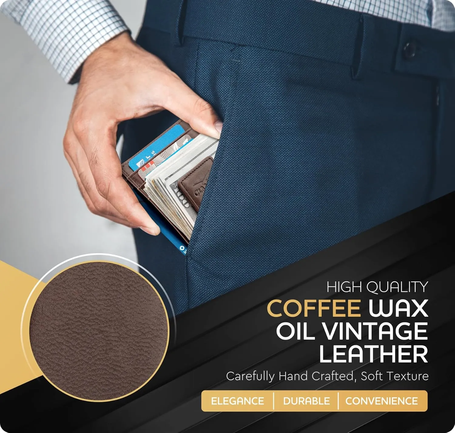 Money Clip Leather Wallet For Men Slim Front Pocket RFID Blocking with Super Strong Magnetic