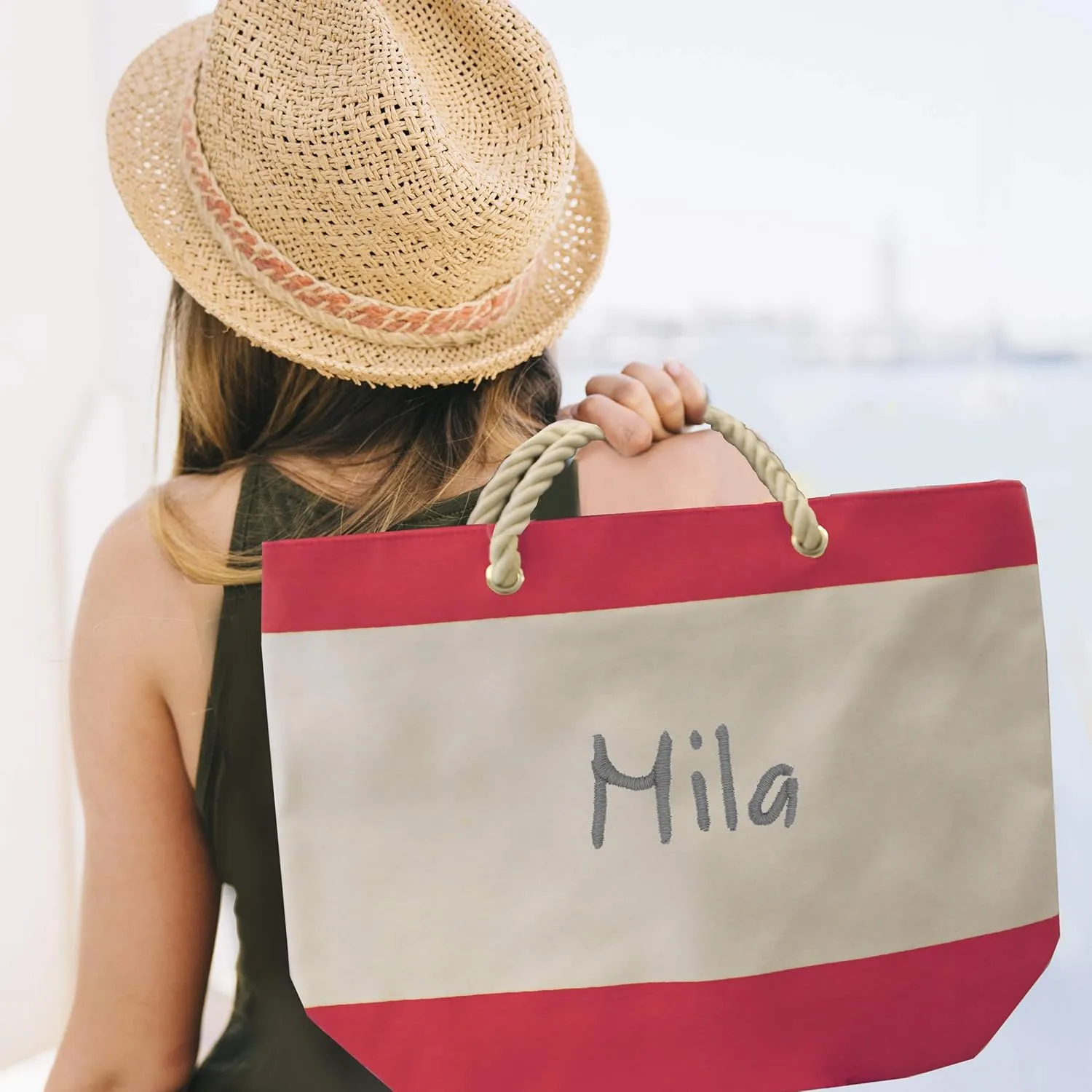 Monogrammed Beach Tote Bag with Zipper, Pockets, Name or Initial - Custom Personalized