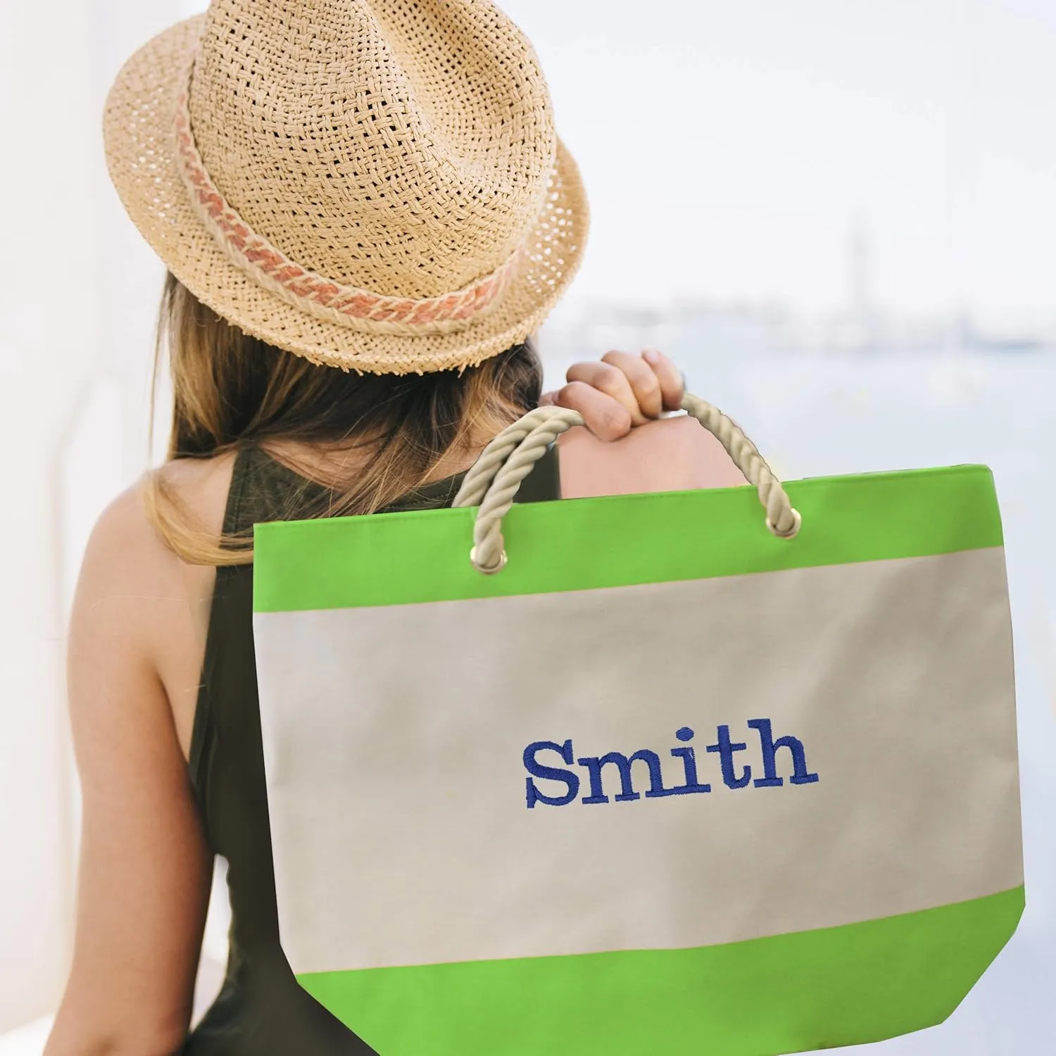 Monogrammed Beach Tote Bag with Zipper, Pockets, Name or Initial - Custom Personalized