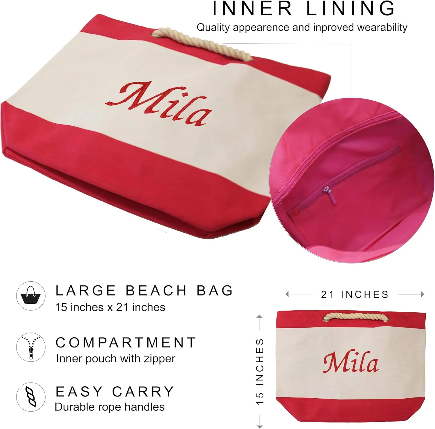 Monogrammed Beach Tote Bag with Zipper, Pockets, Name or Initial - Custom Personalized