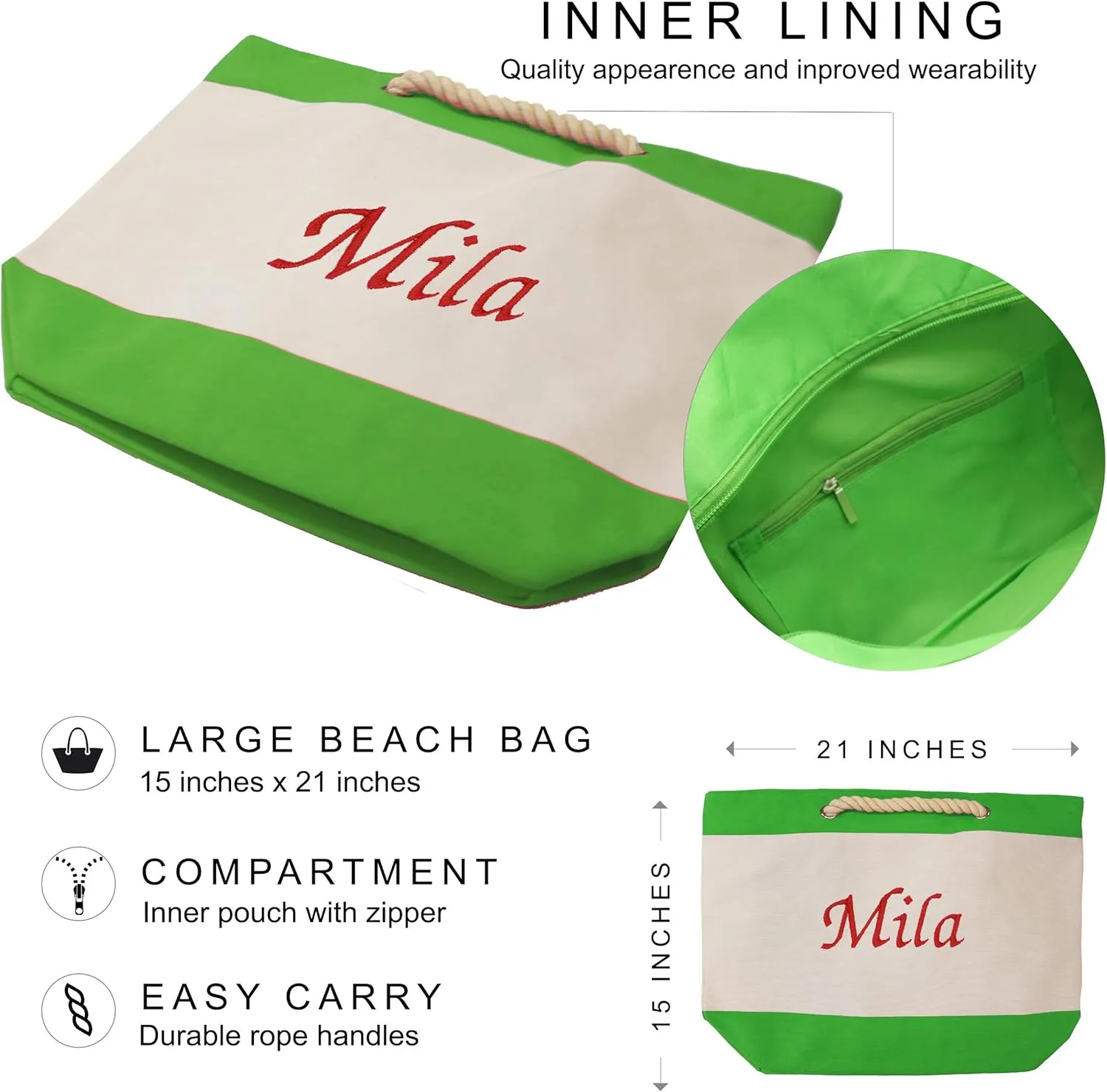 Monogrammed Beach Tote Bag with Zipper, Pockets, Name or Initial - Custom Personalized