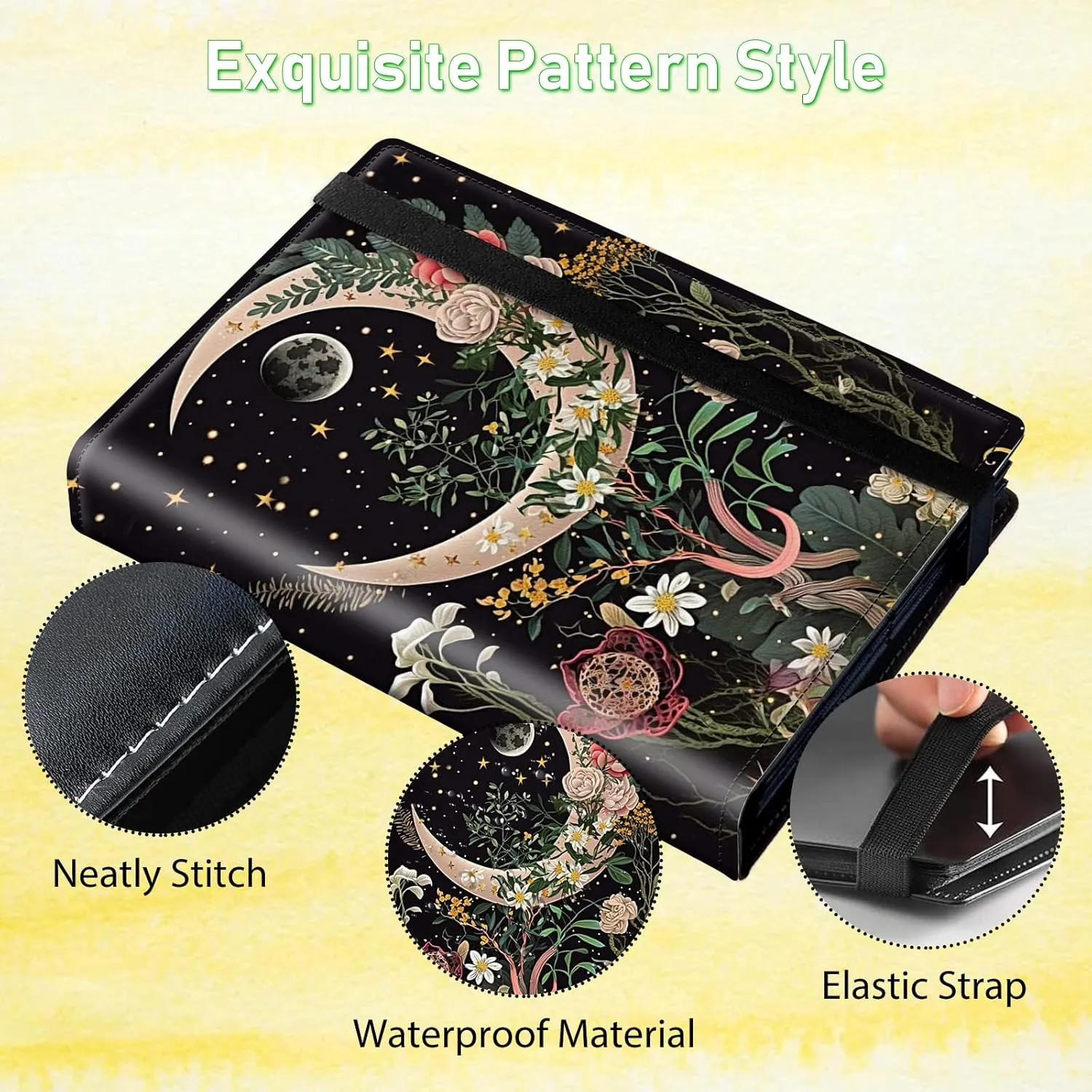 Moon Floral Card Binder 4 Pockets 320 Cards Slot Faux Leather