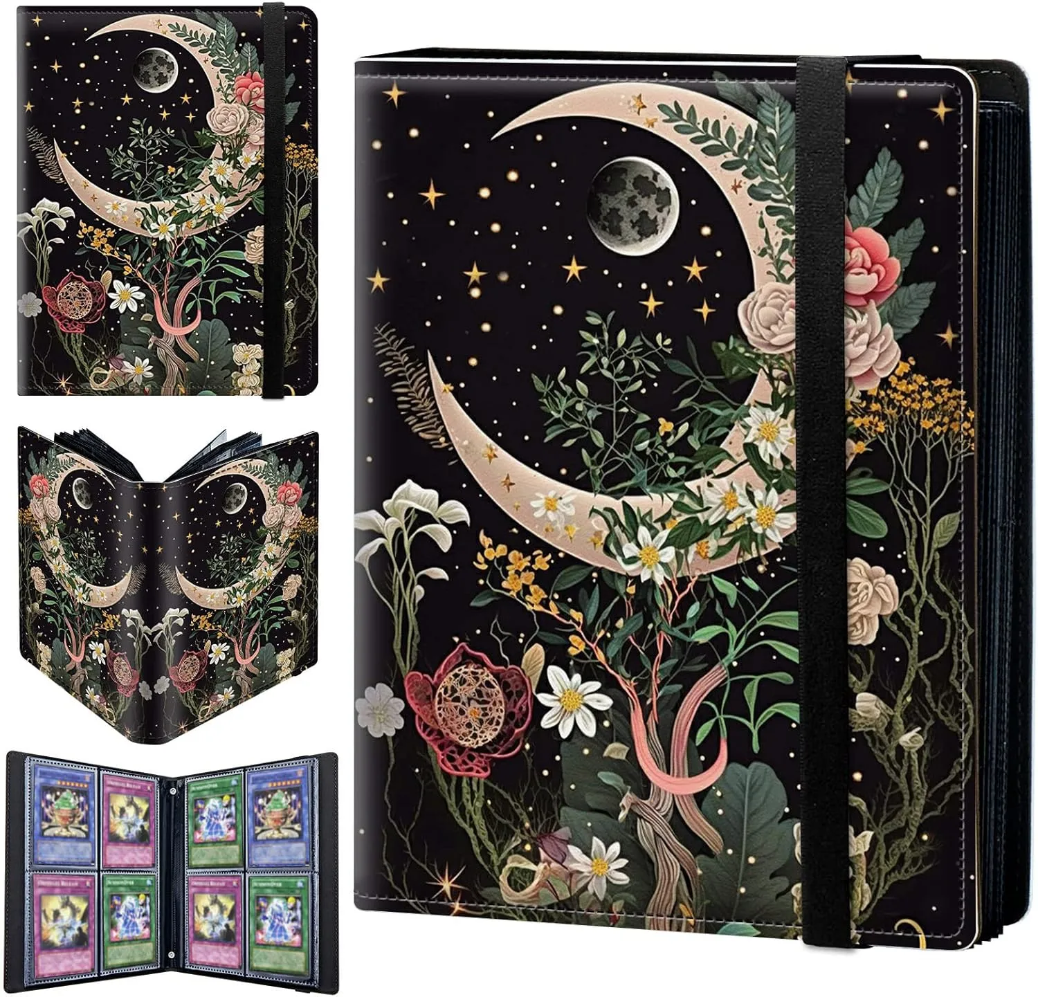 Moon Floral Card Binder 4 Pockets 320 Cards Slot Faux Leather