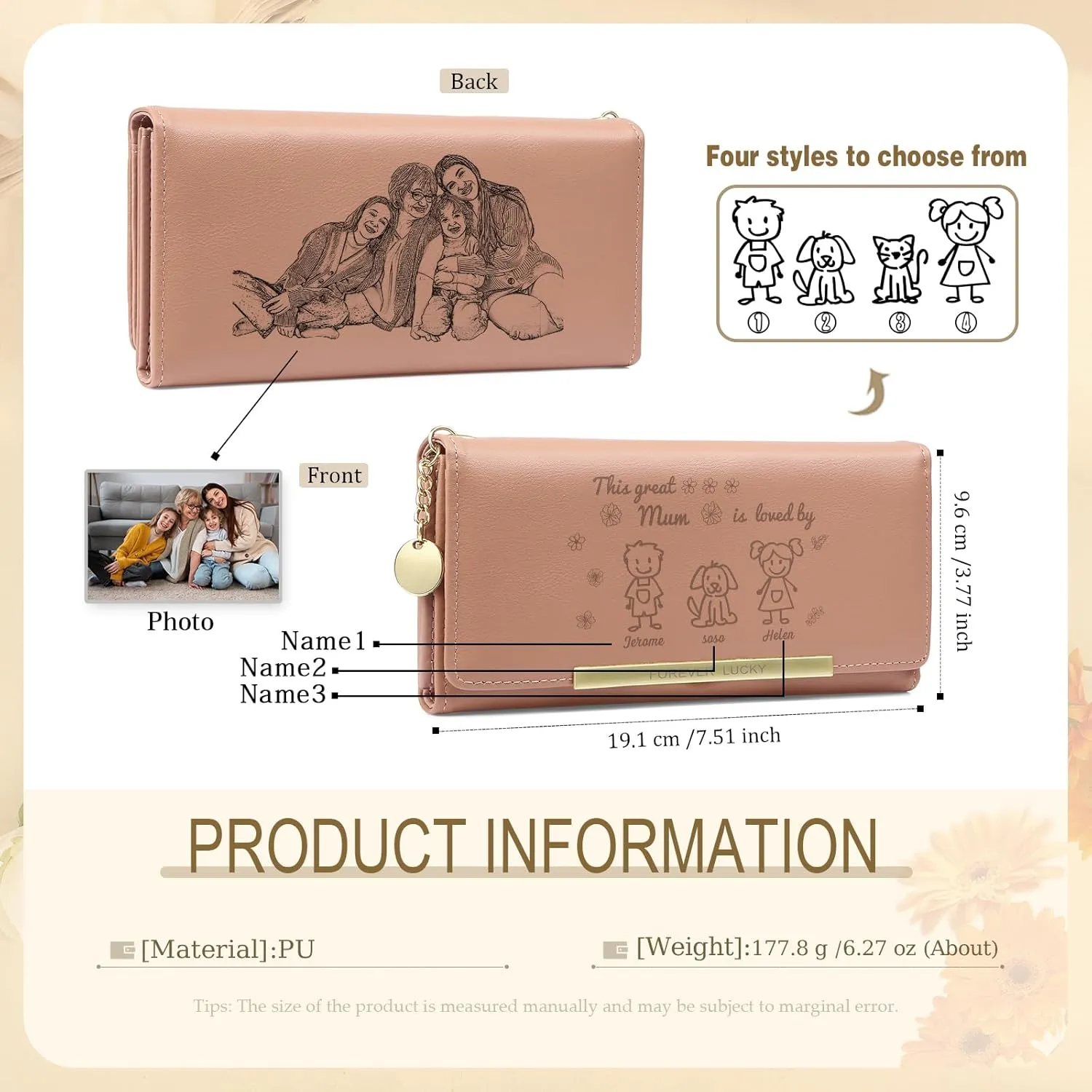 Mothers Day Gifts - Personalized Wallets for Women Custom Name & Photo, Large Capacity Leather Wallet for Mom Grandmother Wife Birthday Anniversary Christmas (3 Names)