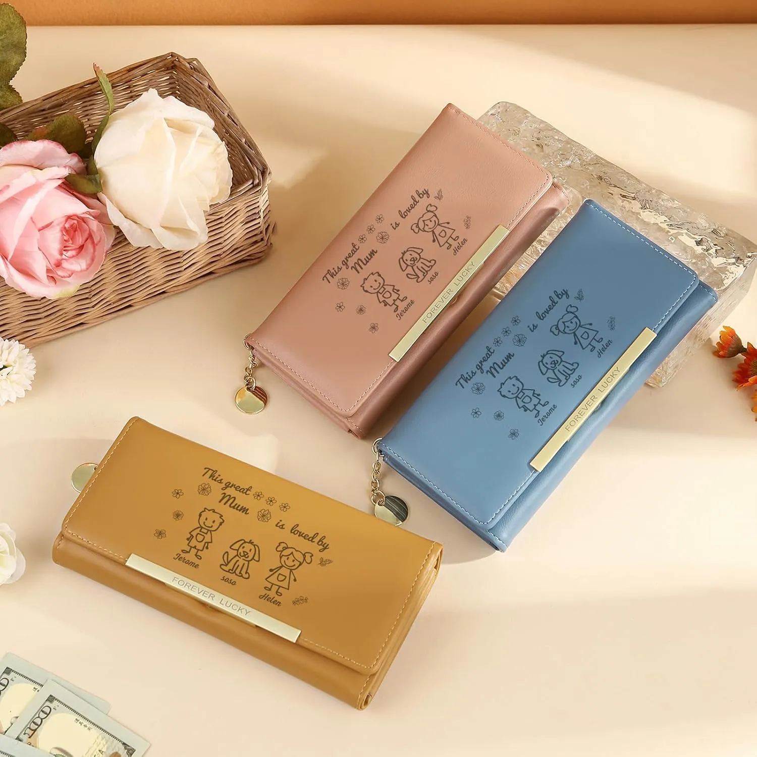 Mothers Day Gifts - Personalized Wallets for Women Custom Name & Photo, Large Capacity Leather Wallet for Mom Grandmother Wife Birthday Anniversary Christmas (3 Names)
