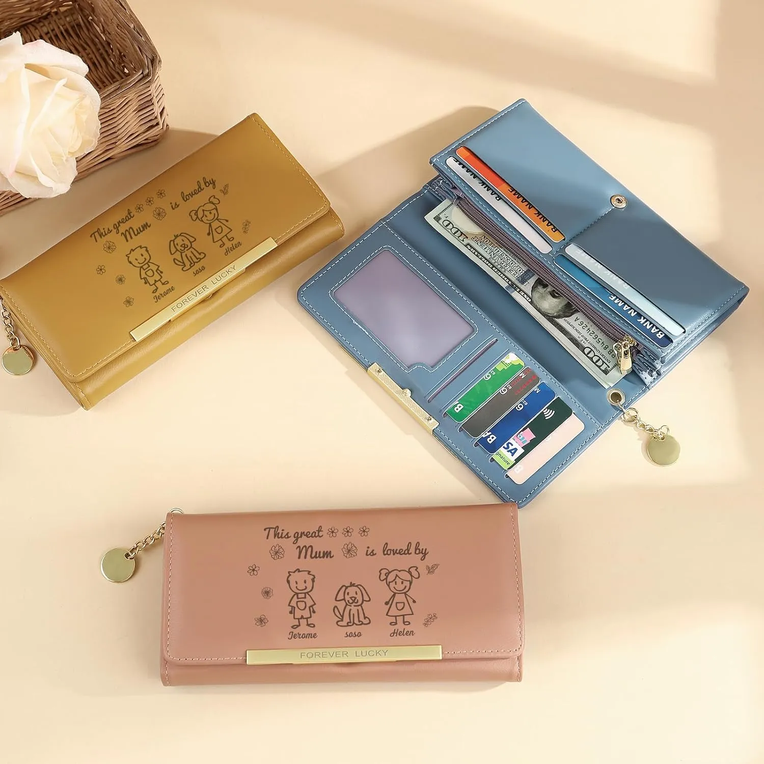 Mothers Day Gifts - Personalized Wallets for Women Custom Name & Photo, Large Capacity Leather Wallet for Mom Grandmother Wife Birthday Anniversary Christmas (3 Names)