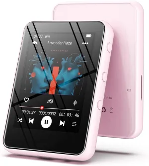 MP3 Music Player with Bluetooth, 64GB Storage, Full Touch Screen, Built-in Speaker, FM Radio & Voice Recorder, MicroSD Slot (Expandable to 256GB) – Includes Earphones, Ideal for Kids & Sports-Pink