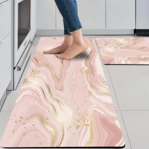 Mrcrypos Pink Gold Marble Kitchen Mats for Floor Set of 2 PVC Kitchen Rug Waterproof Cushioned Anti Fatigue Comfort Mat Non Slip Standing Mat Laundry Kitchen Accessories 17"x29" 17"x47"