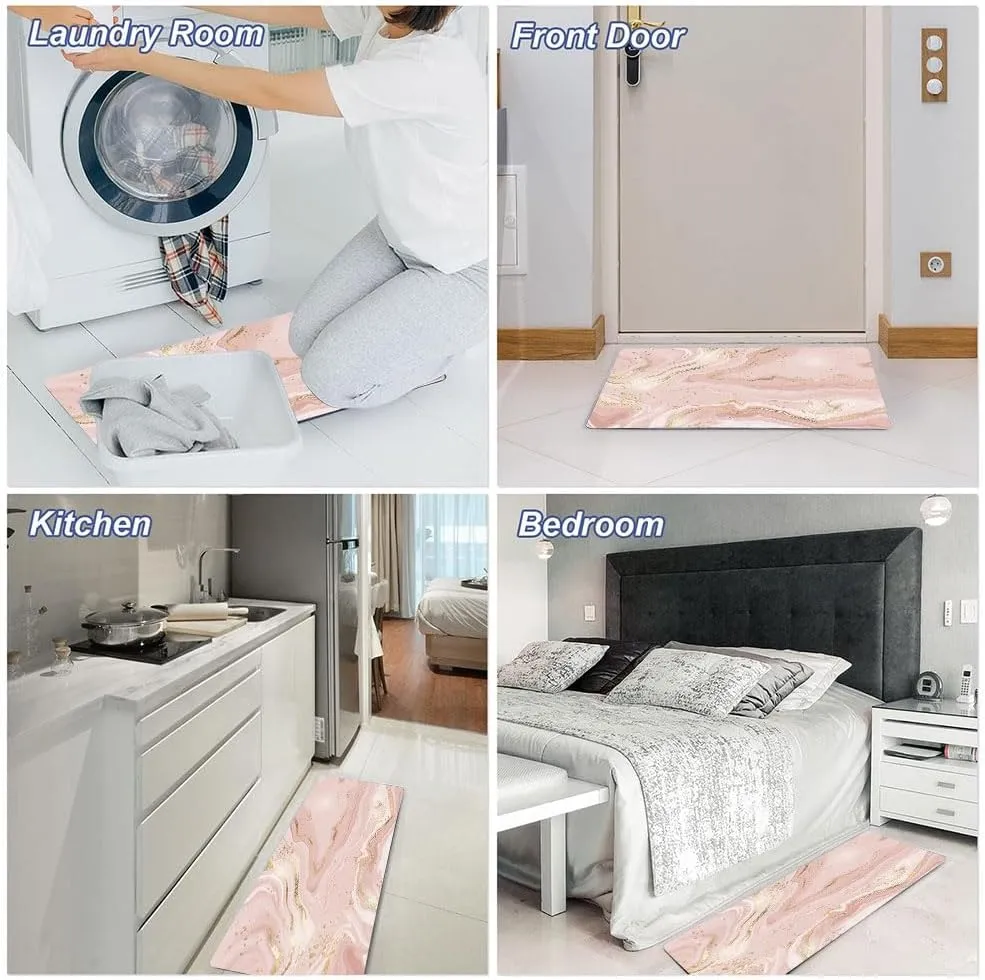 Mrcrypos Pink Gold Marble Kitchen Mats for Floor Set of 2 PVC Kitchen Rug Waterproof Cushioned Anti Fatigue Comfort Mat Non Slip Standing Mat Laundry Kitchen Accessories 17"x29" 17"x47"