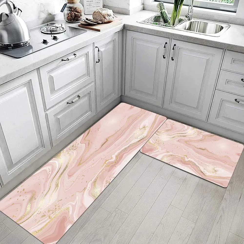 Mrcrypos Pink Gold Marble Kitchen Mats for Floor Set of 2 PVC Kitchen Rug Waterproof Cushioned Anti Fatigue Comfort Mat Non Slip Standing Mat Laundry Kitchen Accessories 17"x29" 17"x47"