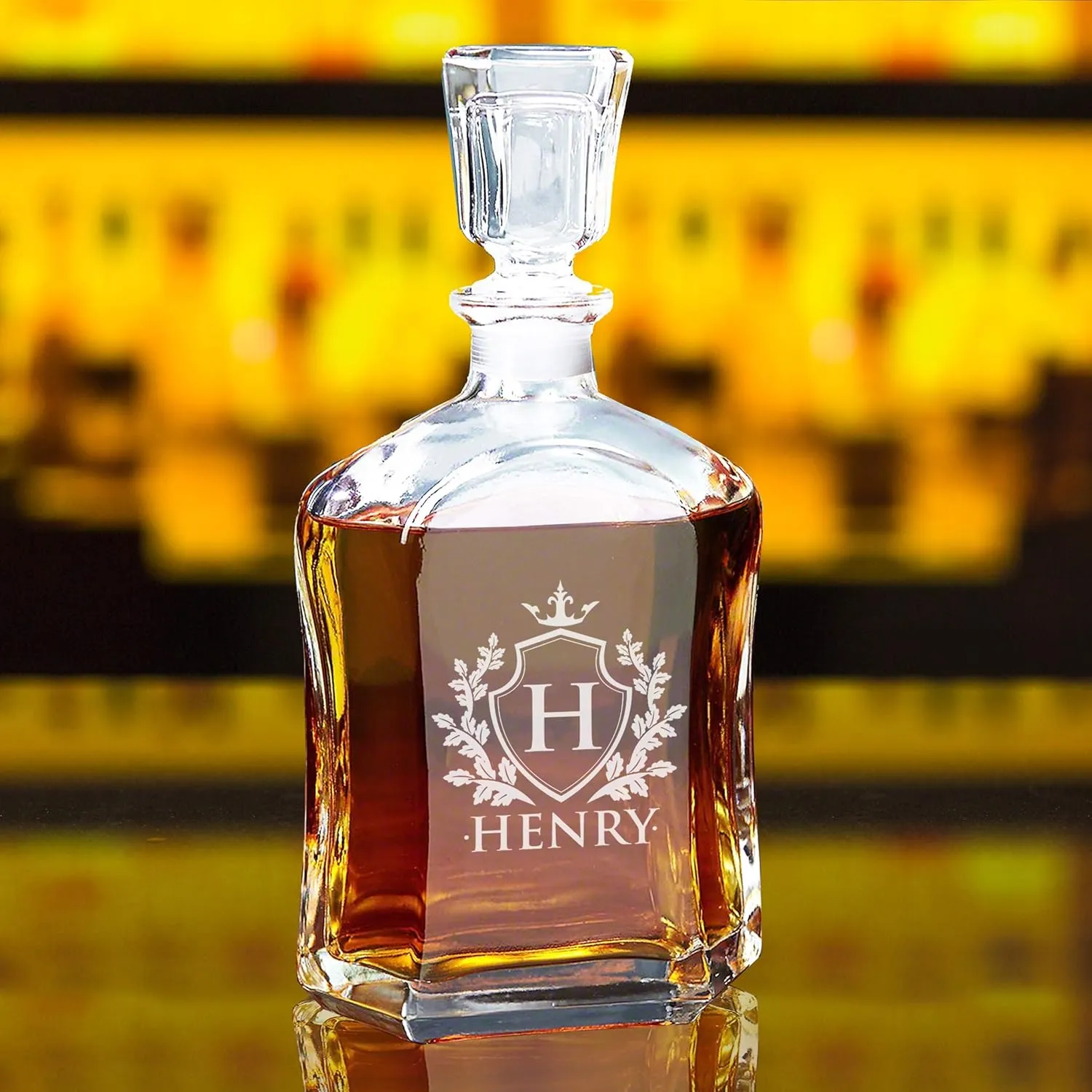 My Personal Memories, Custom Personalized 23 oz Liquor Decanter, Engraved Glass Whiskey Bottle with Name (Shield Design)