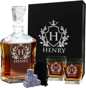 My Personal Memories, Custom Personalized 23 oz Liquor Decanter, Engraved Glass Whiskey Bottle with Name (Shield Design)