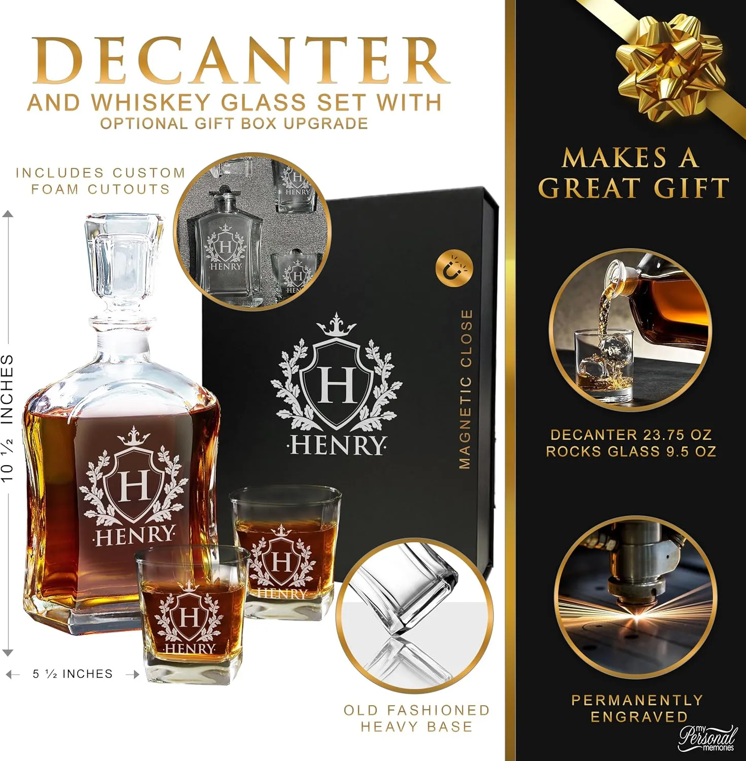 My Personal Memories, Custom Personalized 23 oz Liquor Decanter, Engraved Glass Whiskey Bottle with Name (Shield Design)