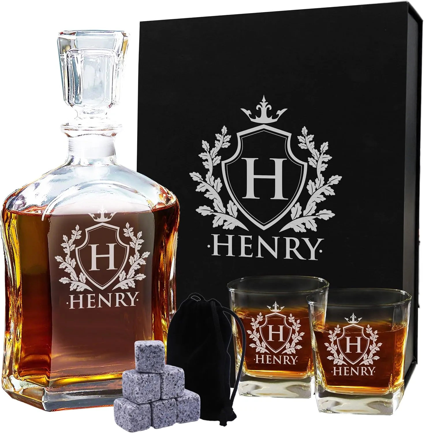 My Personal Memories, Custom Personalized 23 oz Liquor Decanter, Engraved Glass Whiskey Bottle with Name (Shield Design)