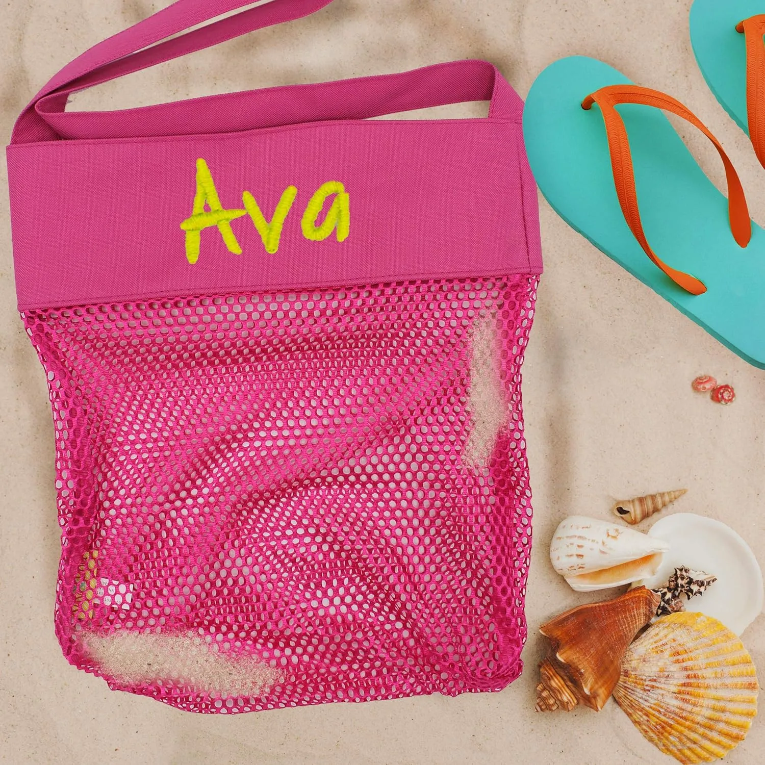 My Personal Memories Personalized Seashell Collection Bag - Mesh Beach Shell Bag - Custom Monogrammed Vacation Gear (Pink)