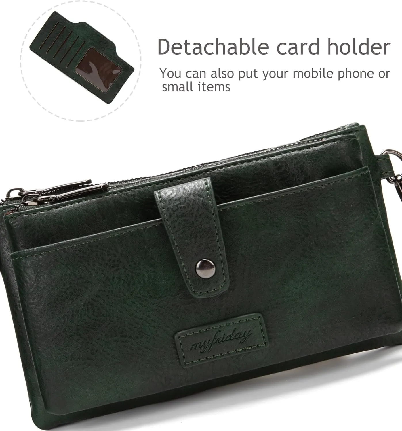 myfriday Womens Vintage Vegan Leather Wristlet Clutch Purse with Zip Around 2 Strap & Detchable Card Holder