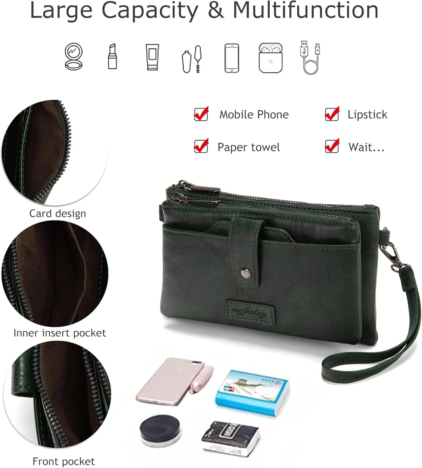 myfriday Womens Vintage Vegan Leather Wristlet Clutch Purse with Zip Around 2 Strap & Detchable Card Holder
