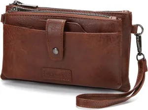 myfriday Womens Vintage Vegan Leather Wristlet Clutch Purse with Zip Around 2 Strap & Detchable Card Holder