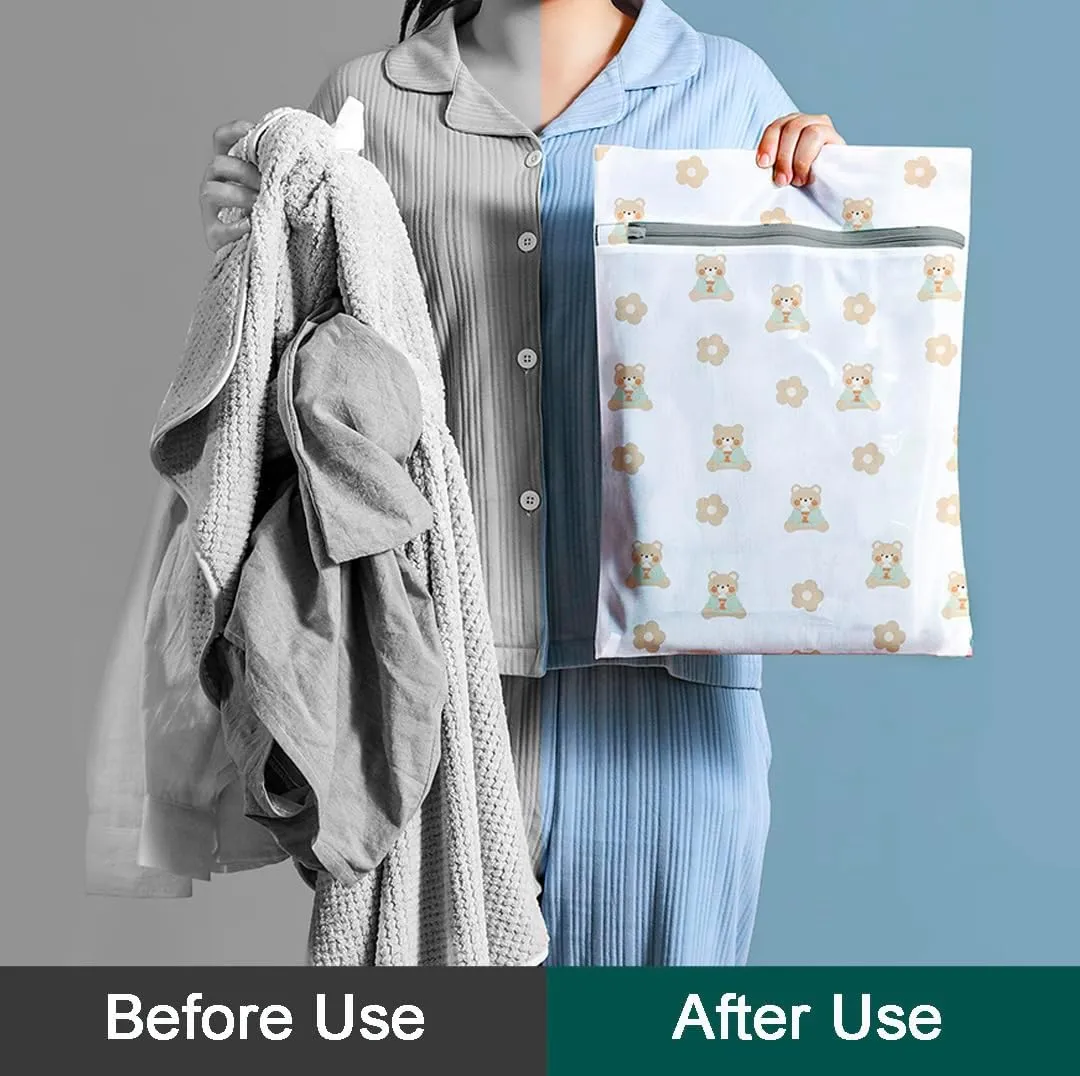 Nature Blossom Set of 7 Durable Mesh Laundry Bags for Delicates with Premium Zipper Clothing Washing Bags Travel Storage Organize Bag (Extra Large to Small, Cylinder, Bra Wash Bag) (Flower Bear)