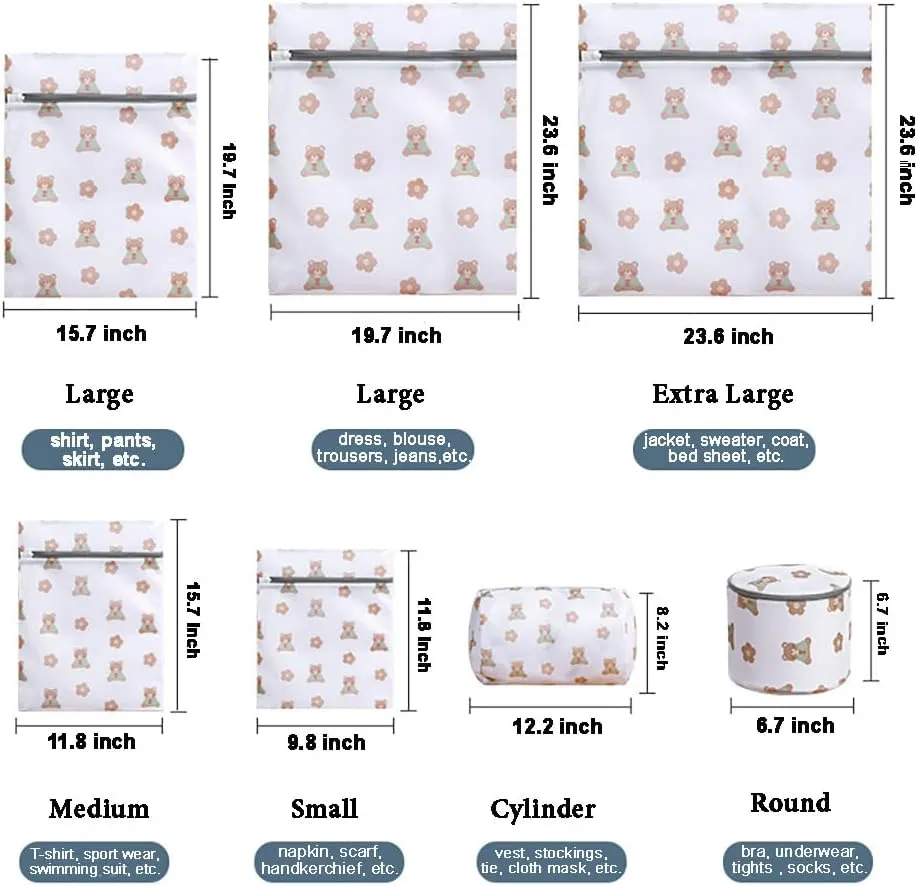 Nature Blossom Set of 7 Durable Mesh Laundry Bags for Delicates with Premium Zipper Clothing Washing Bags Travel Storage Organize Bag (Extra Large to Small, Cylinder, Bra Wash Bag) (Flower Bear)