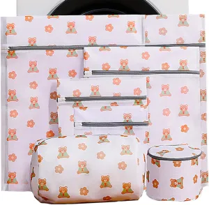 Nature Blossom Set of 7 Durable Mesh Laundry Bags for Delicates with Premium Zipper Clothing Washing Bags Travel Storage Organize Bag (Extra Large to Small, Cylinder, Bra Wash Bag) (Flower Bear)