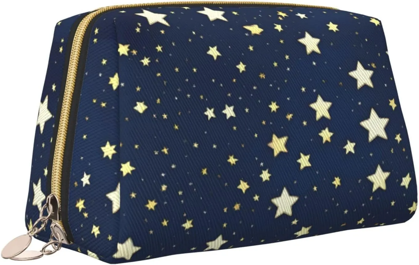 Navy Blue Sky And Star Leather Toiletry Organizer Bag, Travel-Friendly Makeup Pouch For Women