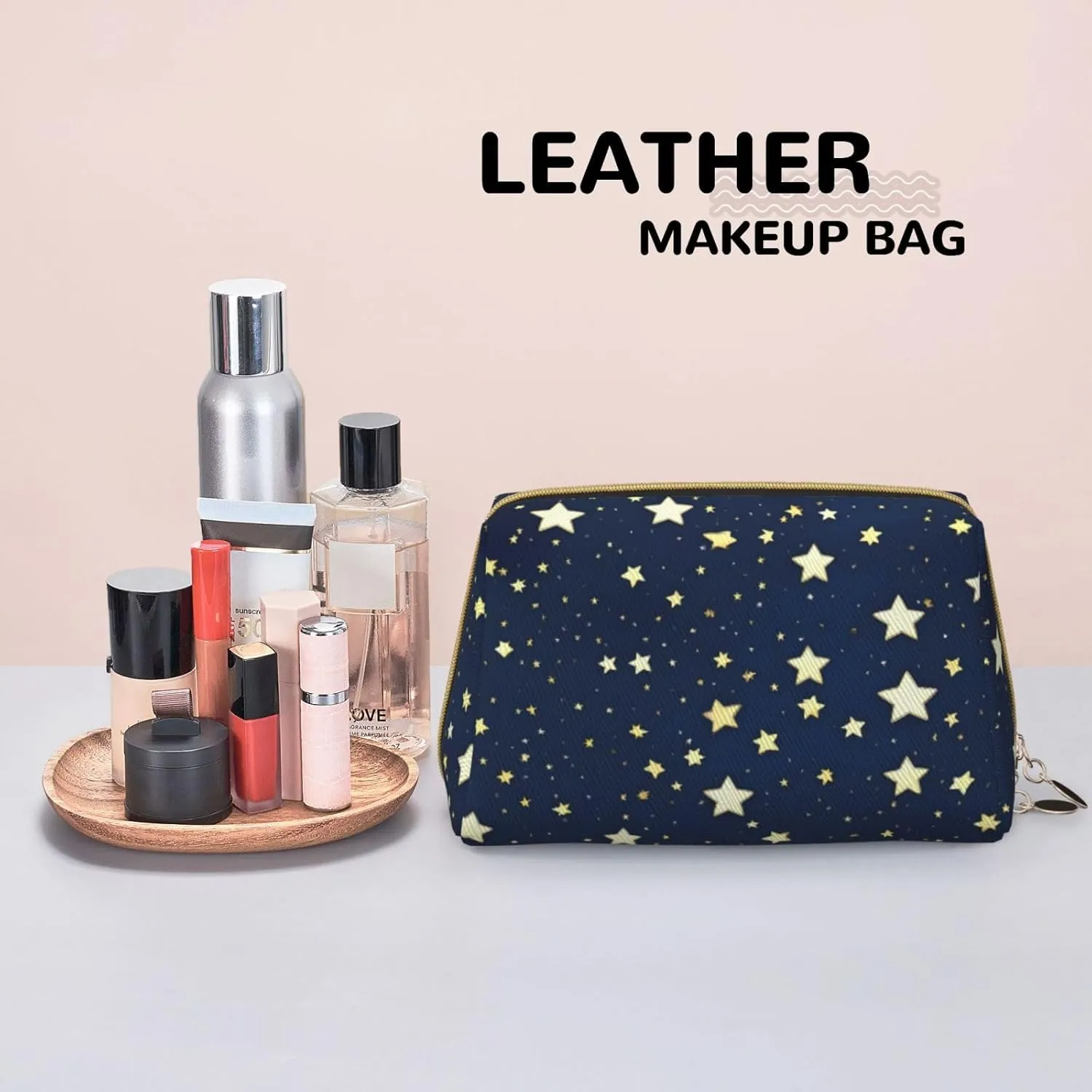 Navy Blue Sky And Star Leather Toiletry Organizer Bag, Travel-Friendly Makeup Pouch For Women