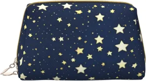 Navy Blue Sky And Star Leather Toiletry Organizer Bag, Travel-Friendly Makeup Pouch For Women