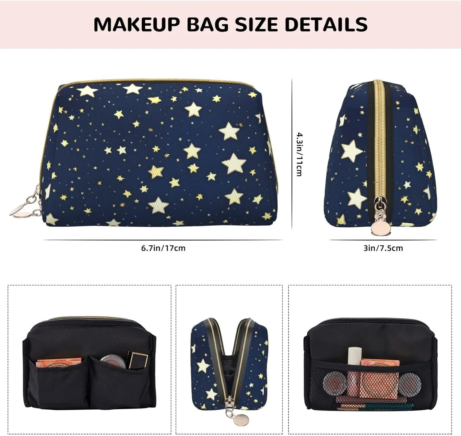 Navy Blue Sky And Star Leather Toiletry Organizer Bag, Travel-Friendly Makeup Pouch For Women