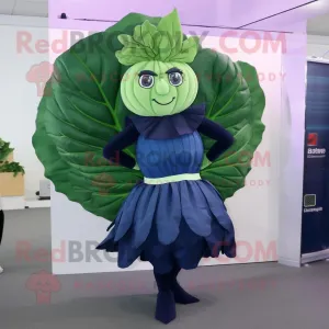 Navy Cabbage Leaf mascot costume character dressed with a Cocktail Dress and Hair clips