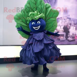 Navy Cabbage Leaf mascot costume character dressed with a Cocktail Dress and Hair clips