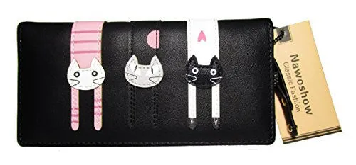 Nawoshow Women Wallet Cute Cat Wallet Bifold Long Purse with Zipper(Black)