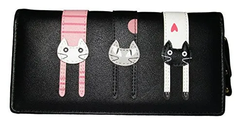 Nawoshow Women Wallet Cute Cat Wallet Bifold Long Purse with Zipper(Black)