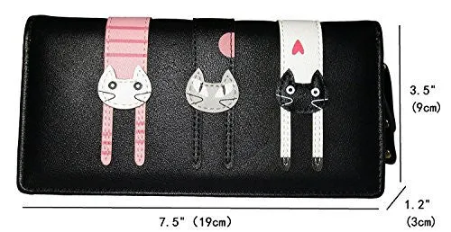 Nawoshow Women Wallet Cute Cat Wallet Bifold Long Purse with Zipper(Black)