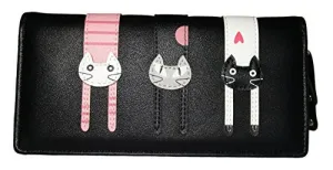 Nawoshow Women Wallet Cute Cat Wallet Bifold Long Purse with Zipper(Black)