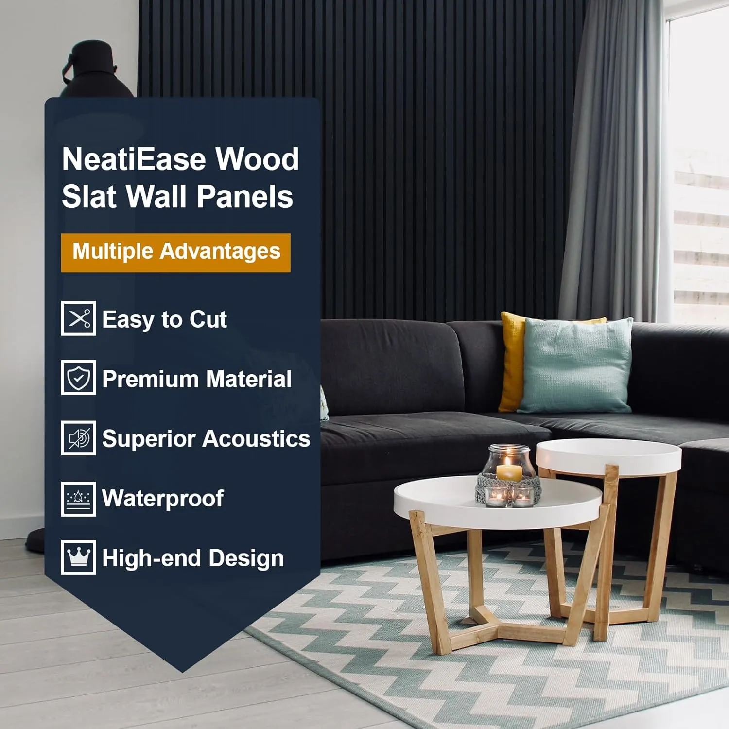 NeatiEase Wood Slat Wall Panels, 4-Piece 96" x 12.6", Soundproof & Noise Cancelling, Acoustic Wall Panels (Black)