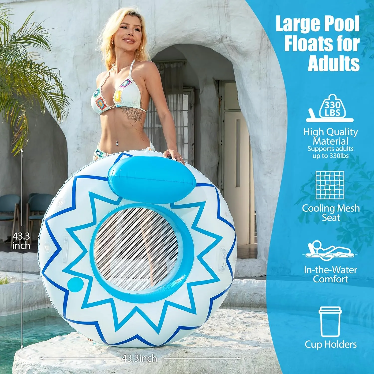 New & Upgraded Heavy Duty Inflatable Pool Floa-Premium Water Float to Lounge Above Lake and River,2 Cup Holders & Durable Grab Handles Pool Party Toys for Adults