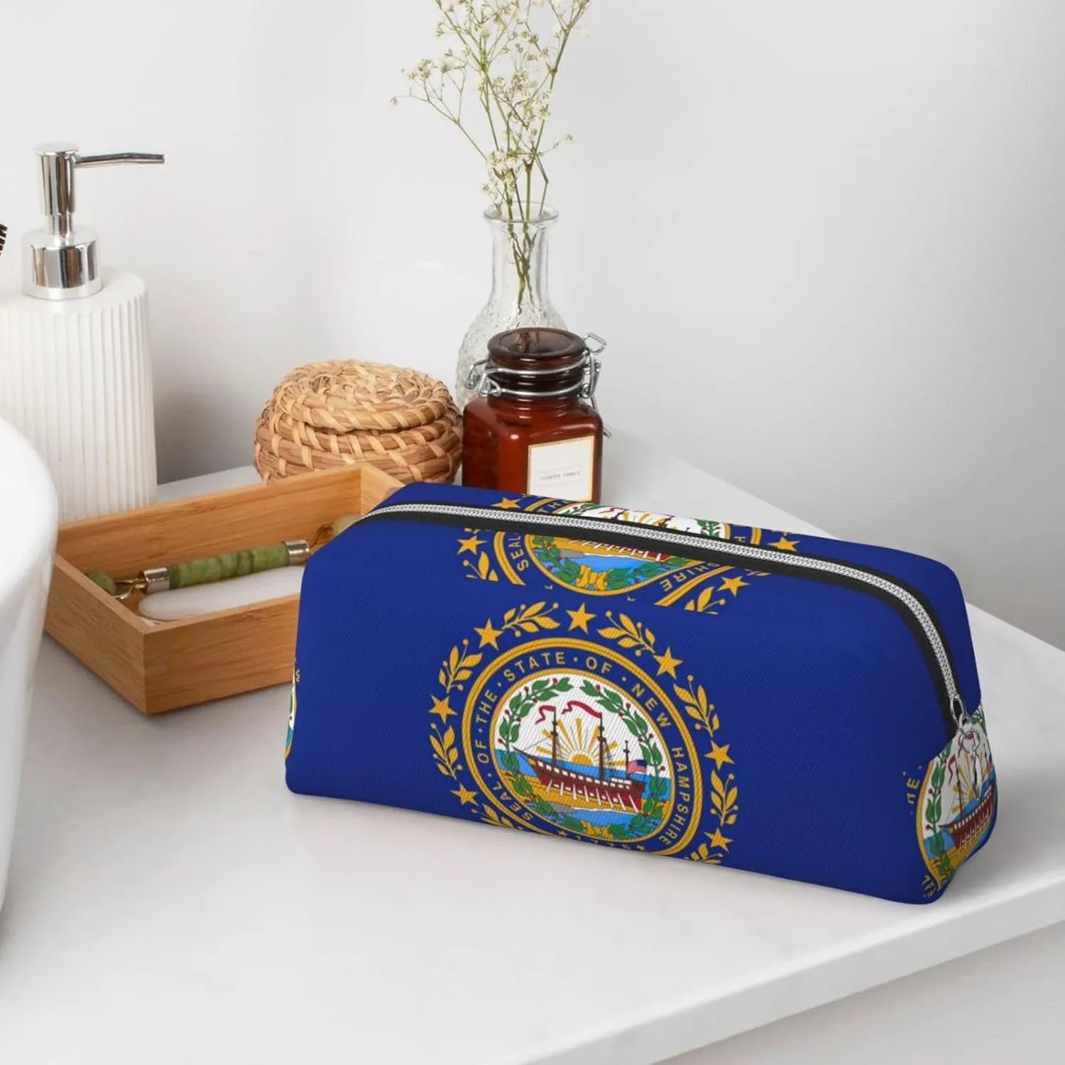 New Hampshire State Flag Print Pencil Case With Zipper, Large Capacity Pen Bag For Pencils, Leather Pouch For Travel