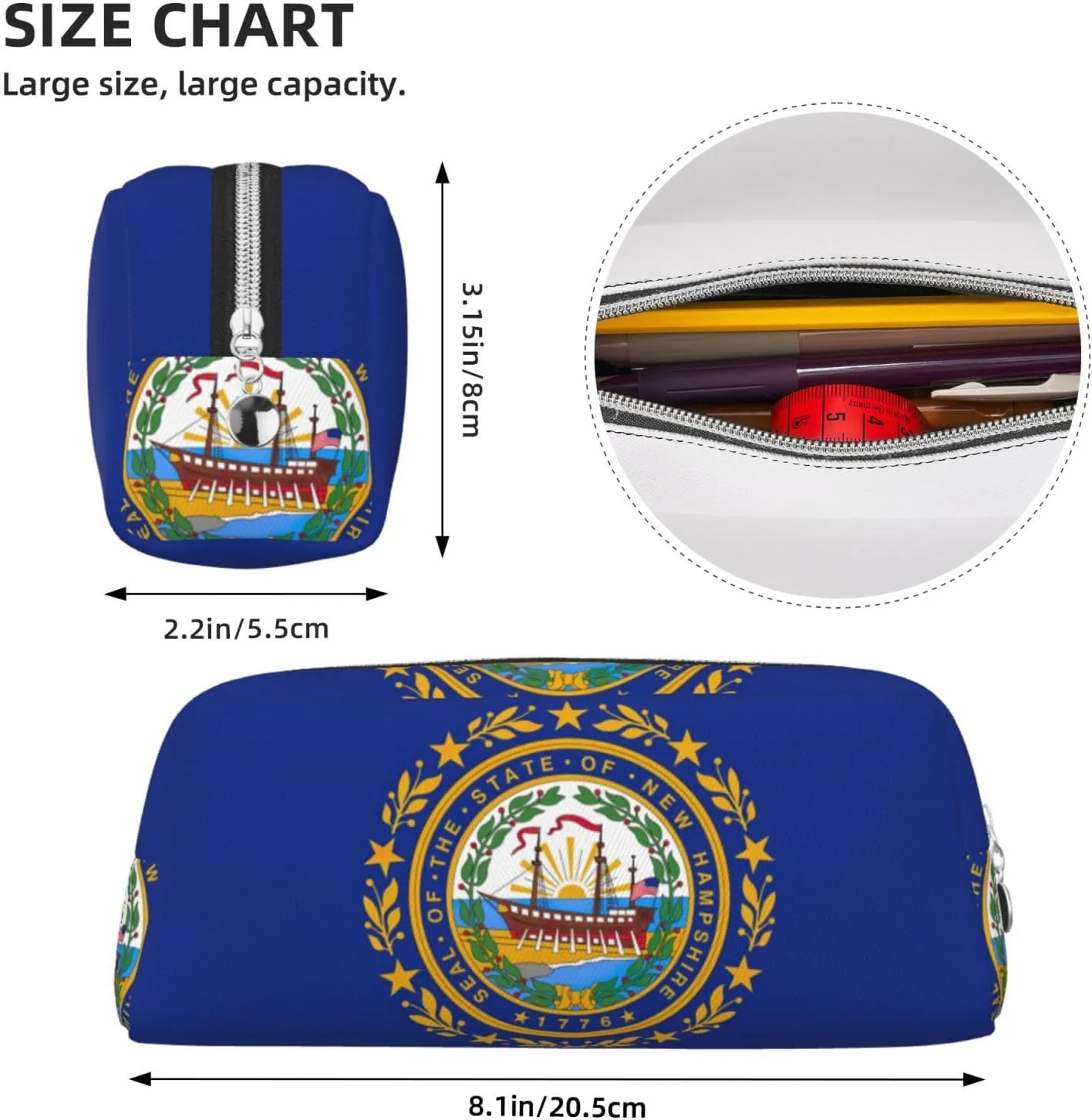 New Hampshire State Flag Print Pencil Case With Zipper, Large Capacity Pen Bag For Pencils, Leather Pouch For Travel