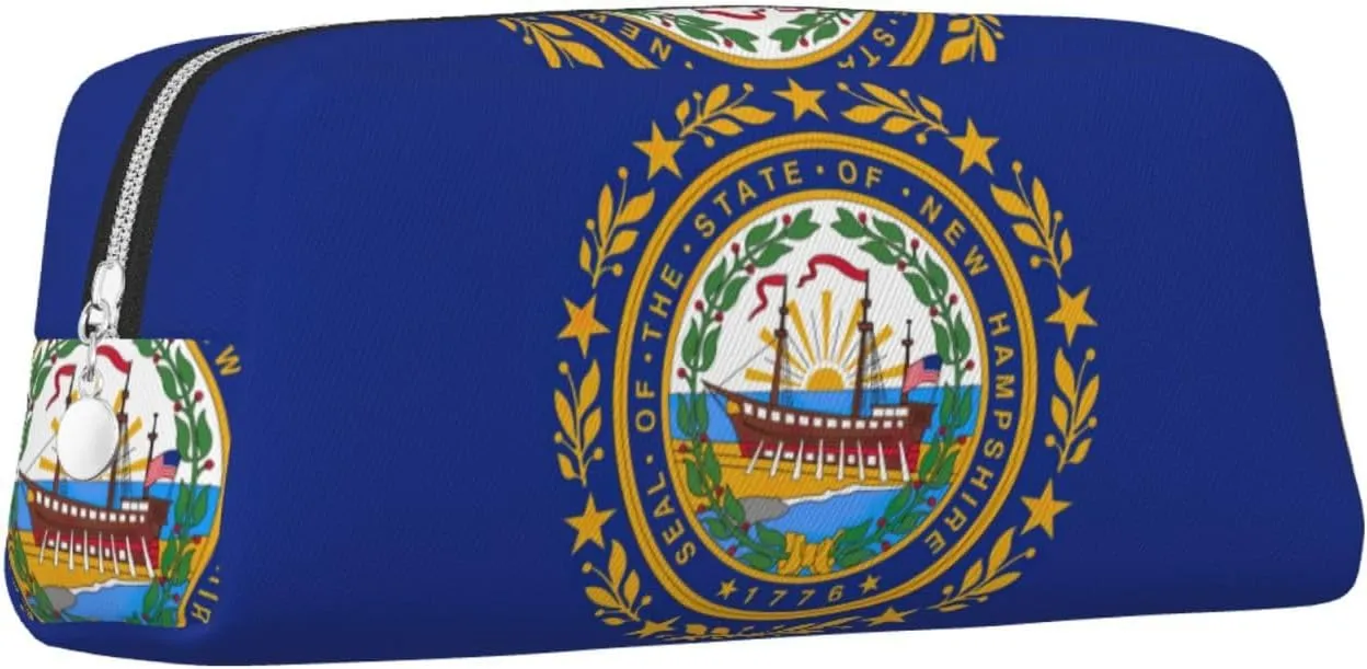 New Hampshire State Flag Print Pencil Case With Zipper, Large Capacity Pen Bag For Pencils, Leather Pouch For Travel