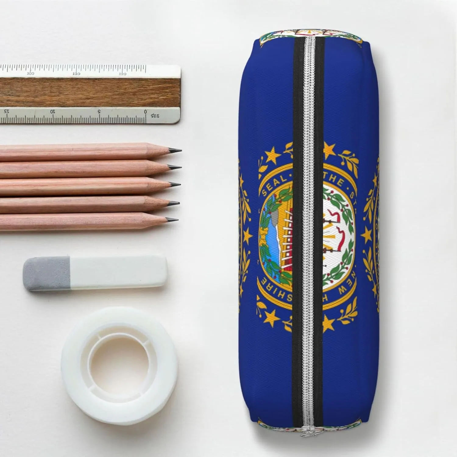 New Hampshire State Flag Print Pencil Case With Zipper, Large Capacity Pen Bag For Pencils, Leather Pouch For Travel