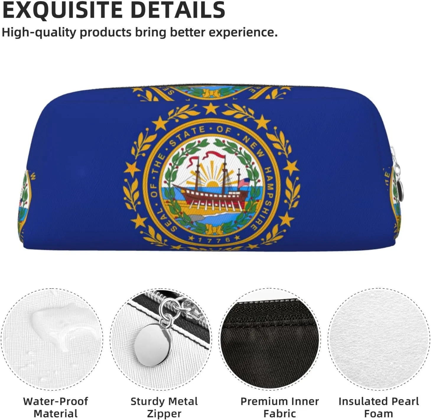 New Hampshire State Flag Print Pencil Case With Zipper, Large Capacity Pen Bag For Pencils, Leather Pouch For Travel
