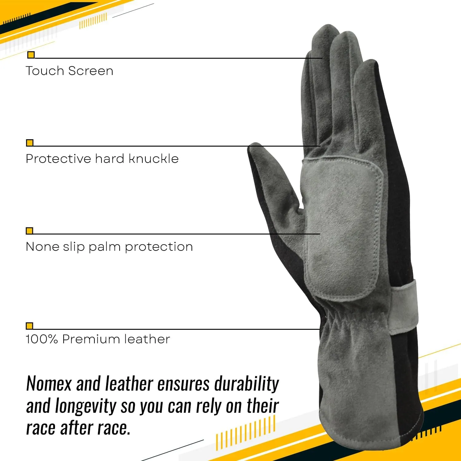 New Nomex & Leather Car Racing Gloves, Fire Retardant, Driving, Flying, Pilot, Gloves for Race Car Drivers, Flame Resistant Motorsport Gloves, Black and Grey